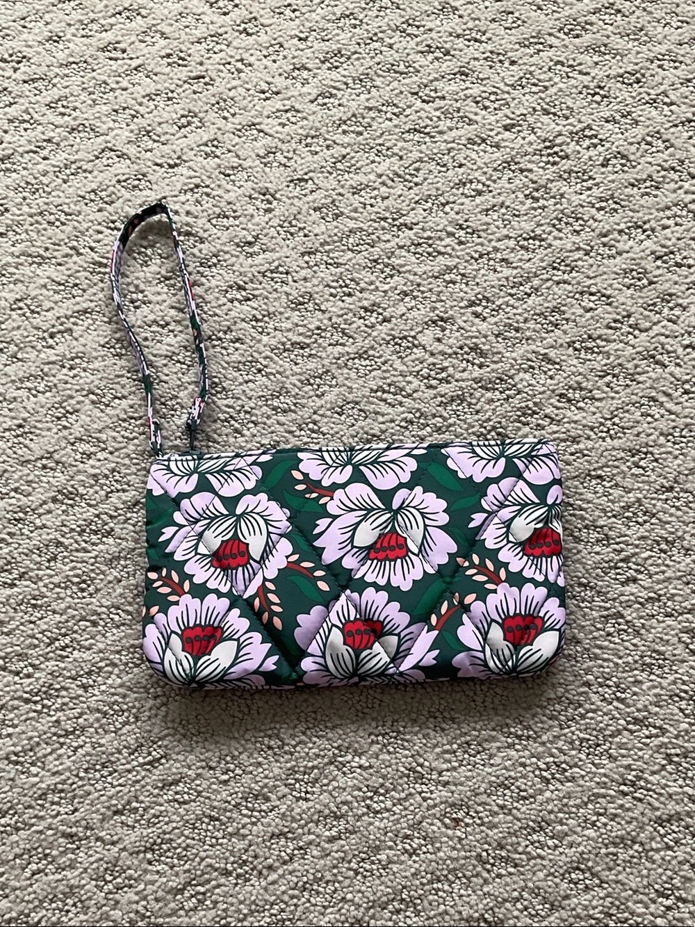 Vera Bradley Dark Green Quilted Floral Wristlet with Purple and Red Flowers 0542